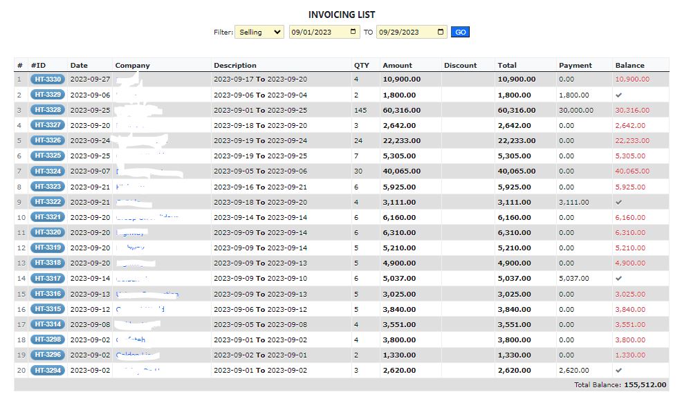 List of invoice & billing management in htbook software